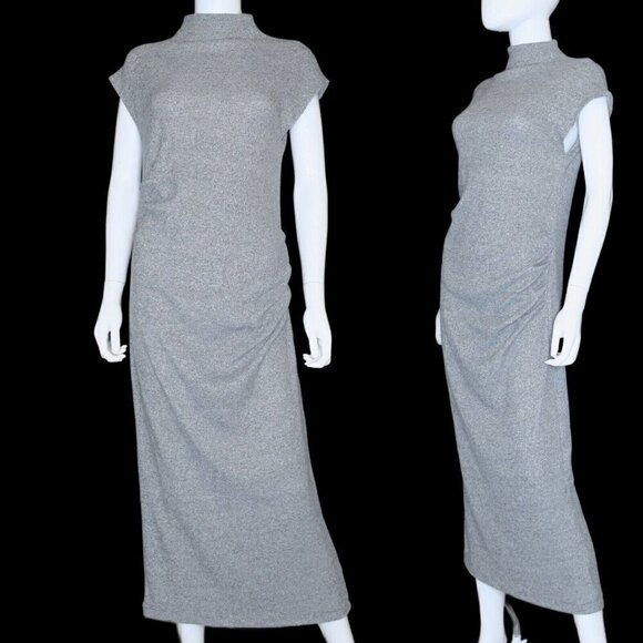 Zara Gray Sweater Dress Ruched Mid-Calf Sheath Dress Mock Neck Women's Large - Picture 1 of 8
